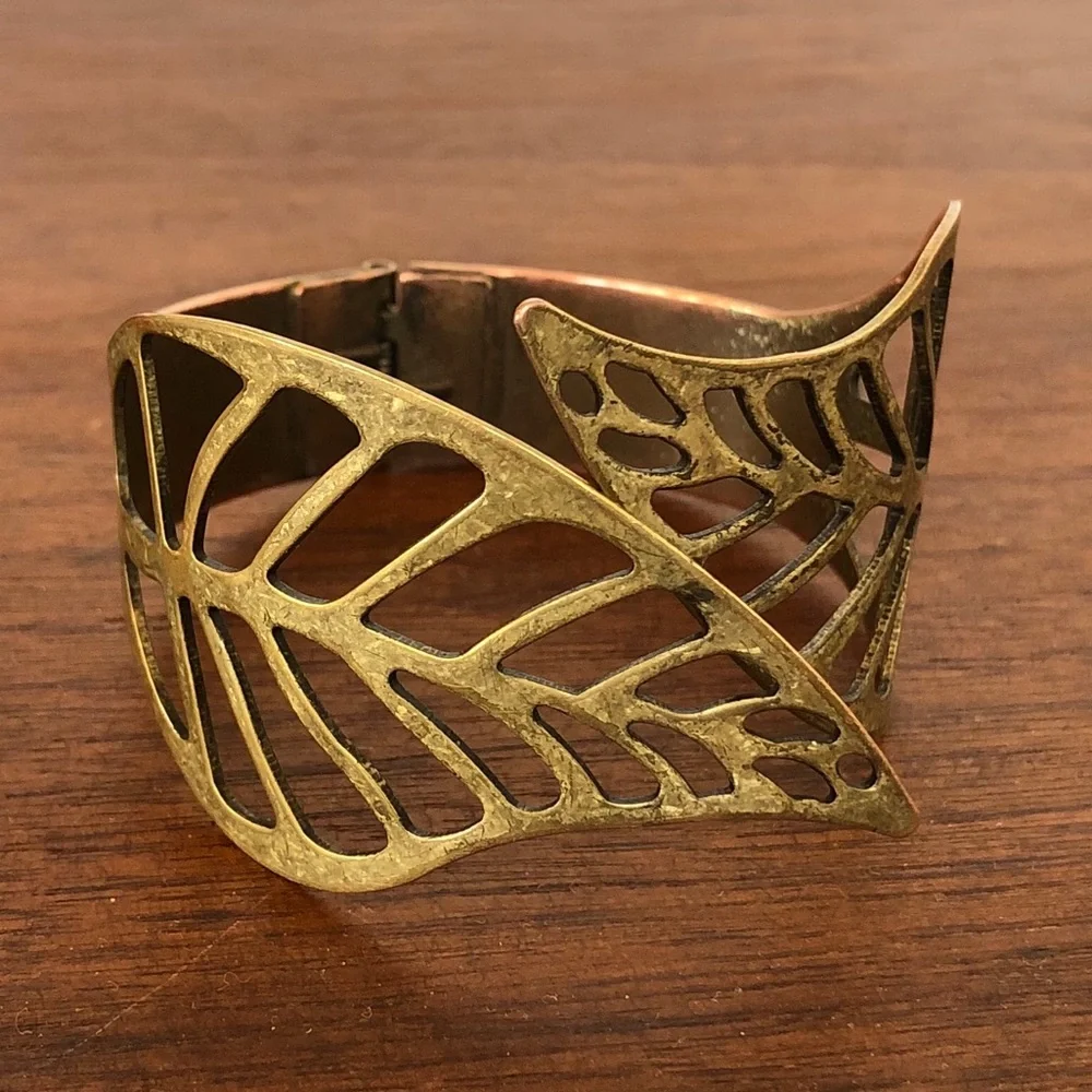 Brass Filigree Leaf Hinged‎ Cuff Bracelet